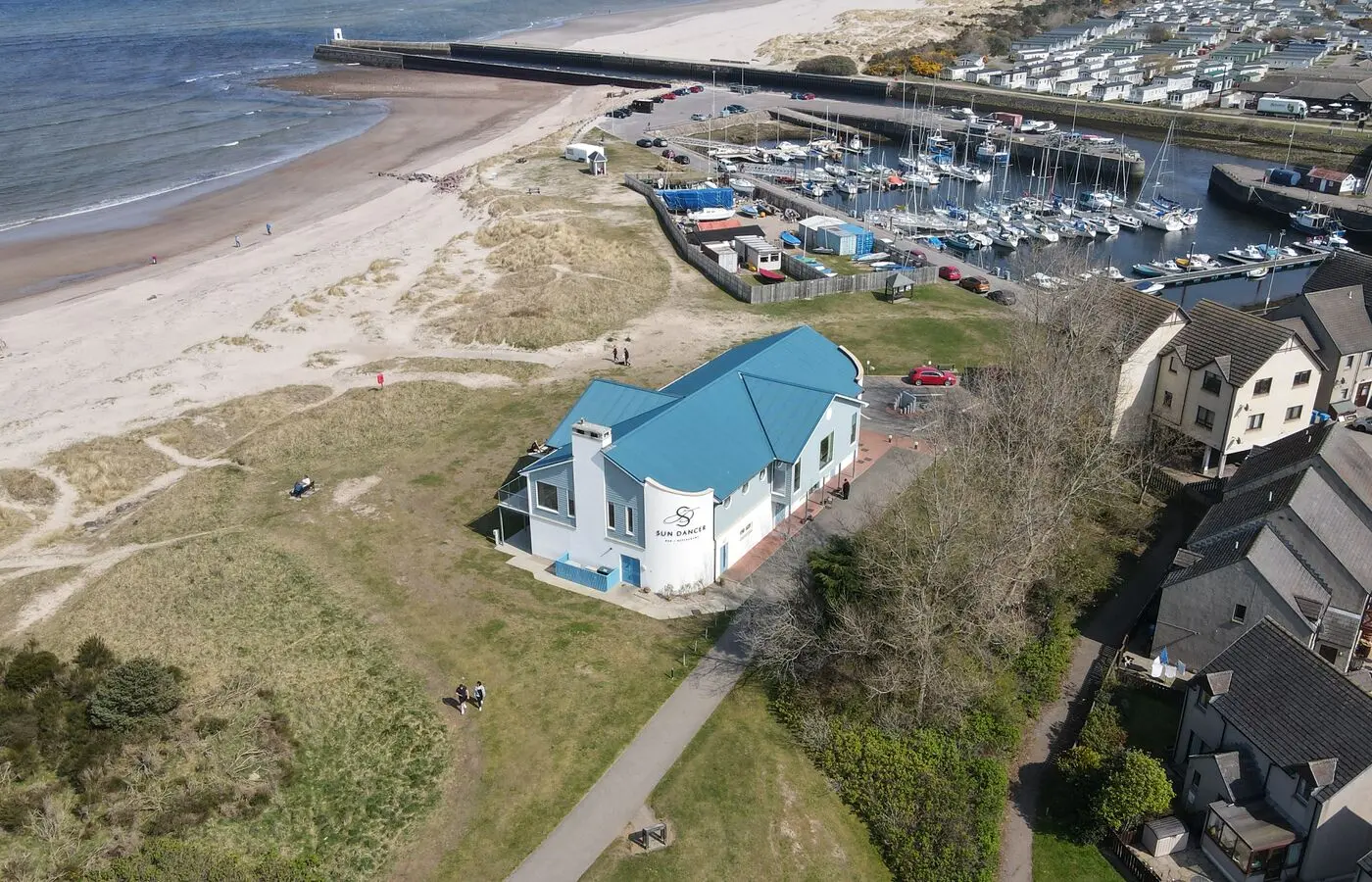 Aerial view of Nairn beach and marina