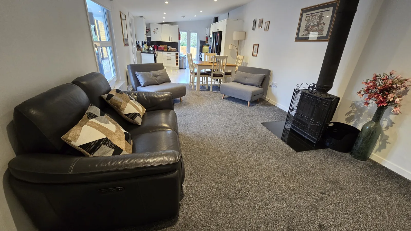 Open plan lounge with reclining leather suite, Meadows 1